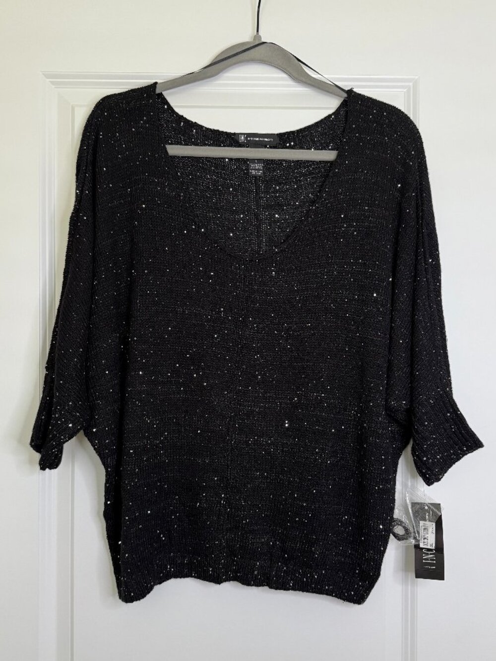 NWT INC Black Sweater With Silver Sequins Dolman/Batwing Sleeves Size Large